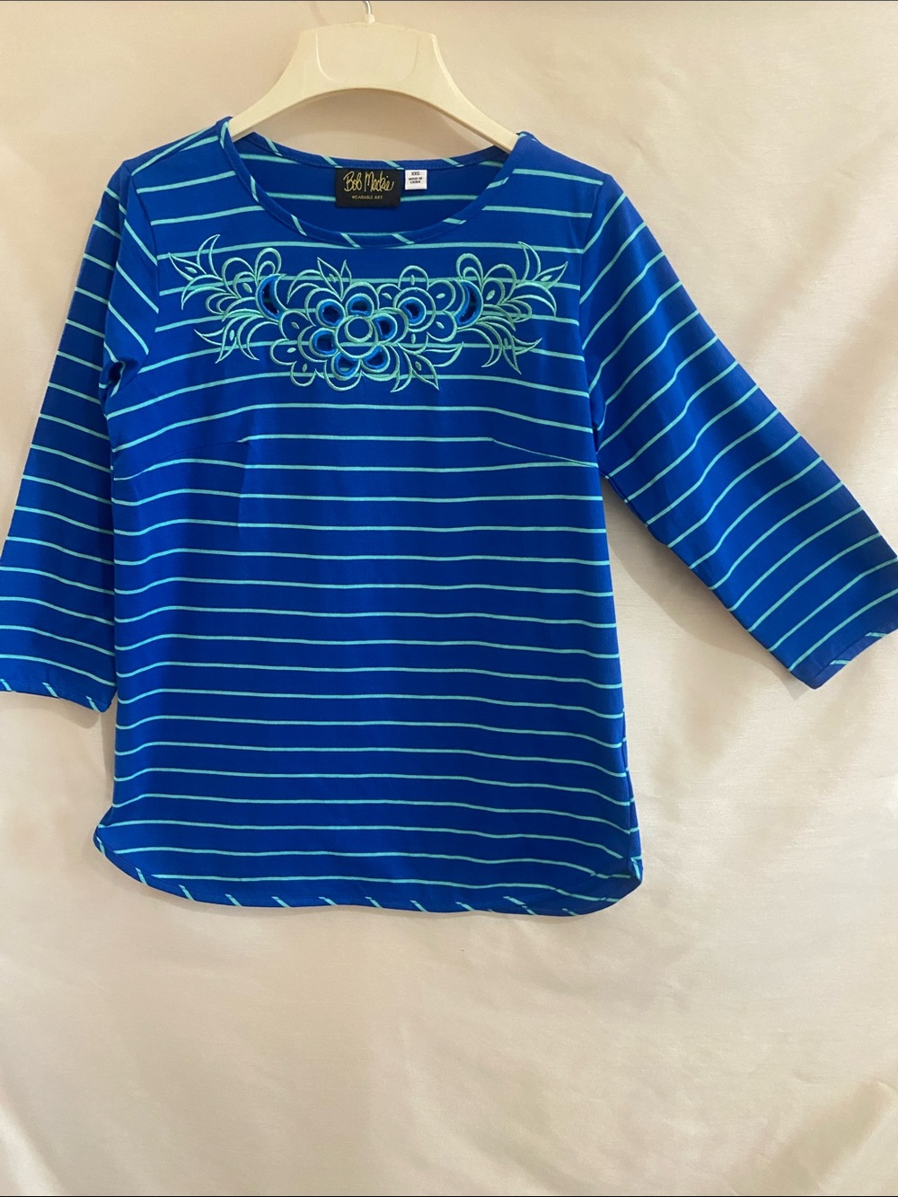 Bob Mackie Royal Blue Striped Top with Aqua Floral Embroidery